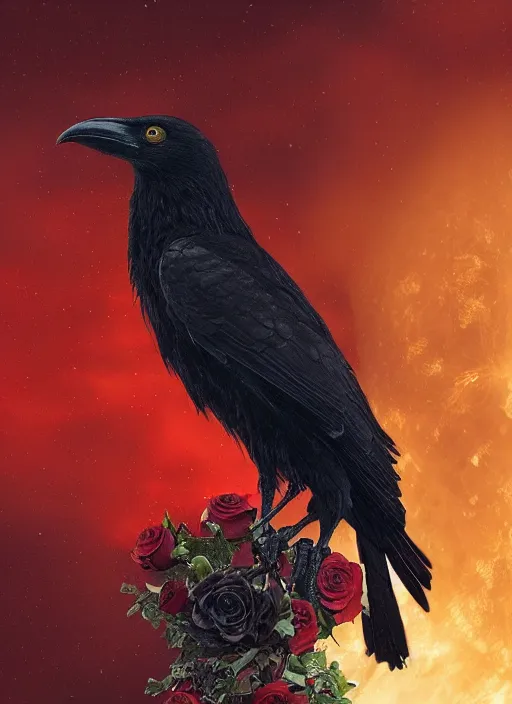 Image similar to red and golden color details, portrait, A healthy and proud crow with red eyes in front of the full big moon, book cover, red roses, red white black colors, establishing shot, extremly high detail, foto realistic, cinematic lighting, by Yoshitaka Amano, Ruan Jia, Kentaro Miura, Artgerm, post processed, concept art, artstation, raphael lacoste, alex ross, portrait, A crow with red eyes in front of the full big moon, book cover, red roses, red white black colors, establishing shot, extremly high detail, photo-realistic, cinematic lighting, by Yoshitaka Amano, Ruan Jia, Kentaro Miura, Artgerm, post processed, concept art, artstation, raphael lacoste, alex ross