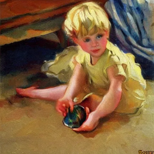 Image similar to A 2 year old girl playing with small abalone shells, blond hair. Painting by Sorolla