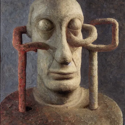 Image similar to a detailed, impasto painting by shaun tan and louise bourgeois of an abstract forgotten sculpture by ivan seal and the caretaker, 1 8 9 9