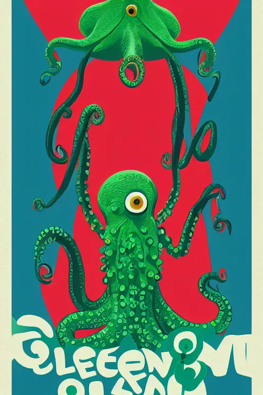 Image similar to a movie poster for the film (green octopus dancing) by Tom Whalen, highly detailed, award winning creature portrait, fantasy, artstation