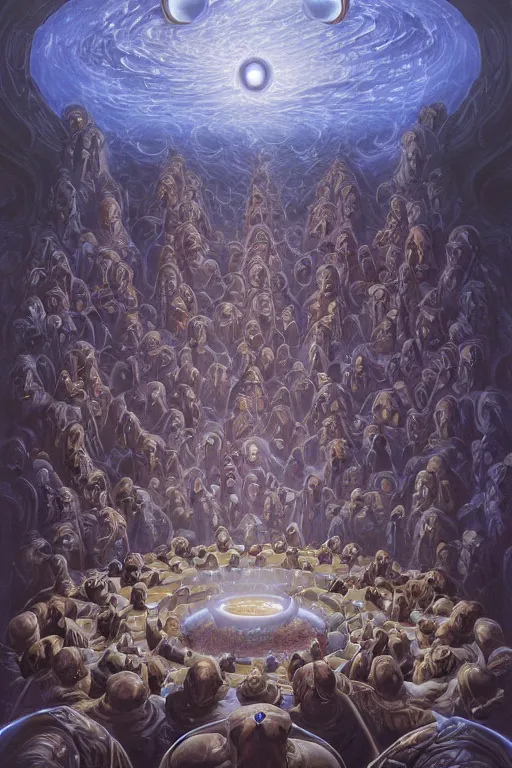 Image similar to a quantum computer surrounded by a dark cabal of hooded elven mystics with long robes gathered in a circular formation, michael whelan, dan seagrave, boris vallejo