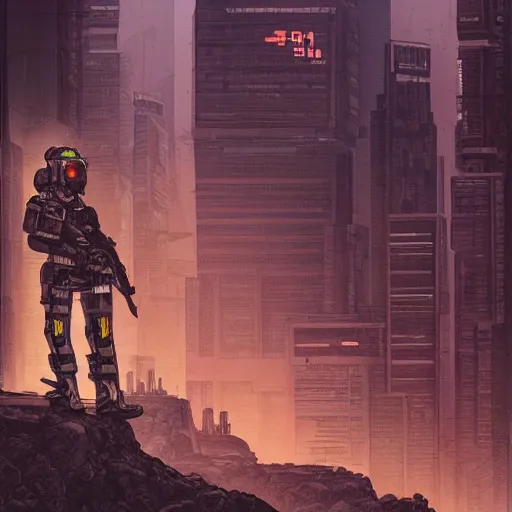 Prompt: a cyberpunk soldier with tactical gear and a rifle patrolling a city on mars, Industrial Scifi, detailed illustration, character portrait, by Martin Grip and Moebius