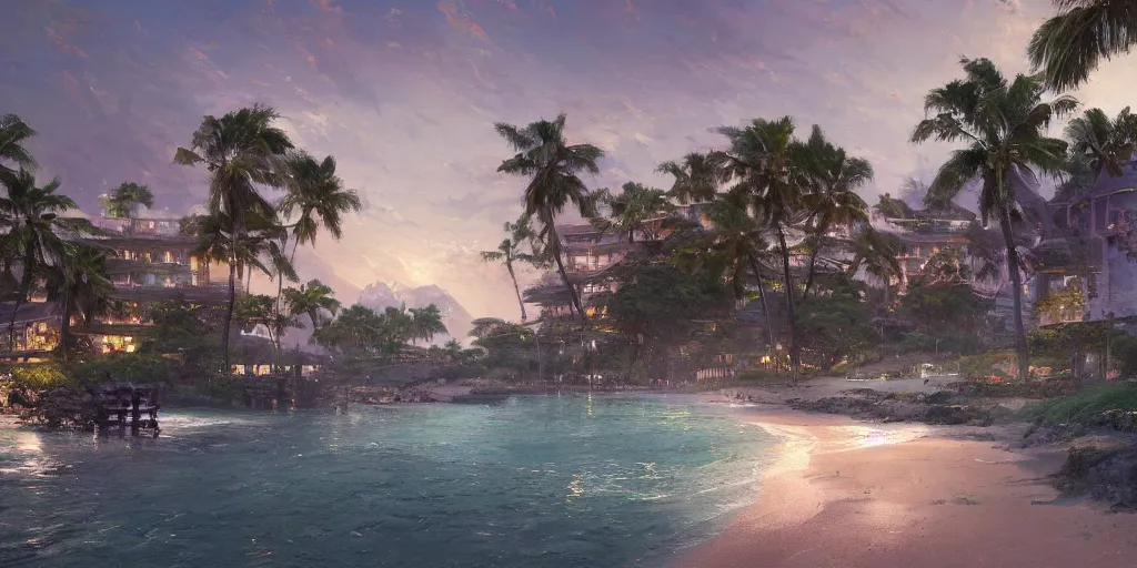 Prompt: a beautiful resort leading to a view of the beach, by greg rutkowski and thomas kinkade, trending on artstation