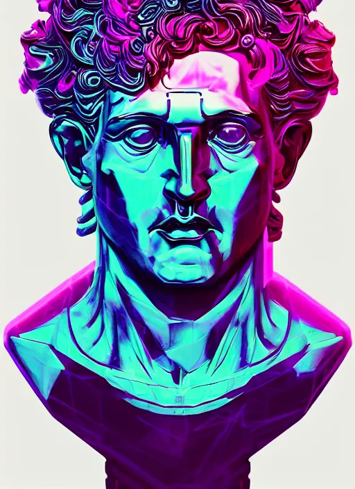 Prompt: statue of dionysus, beeple, android jones, dan mumford, vaporwave, retrowave, black background, neon wiring, black, glitch, strong contrast, cuts, pinterest, trending on artstation