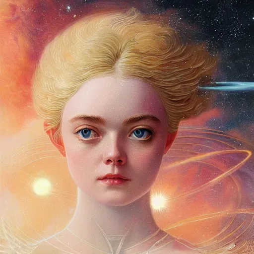 Image similar to a striking hyper real illustration of Elle Fanning in space by Edwin Blashfield