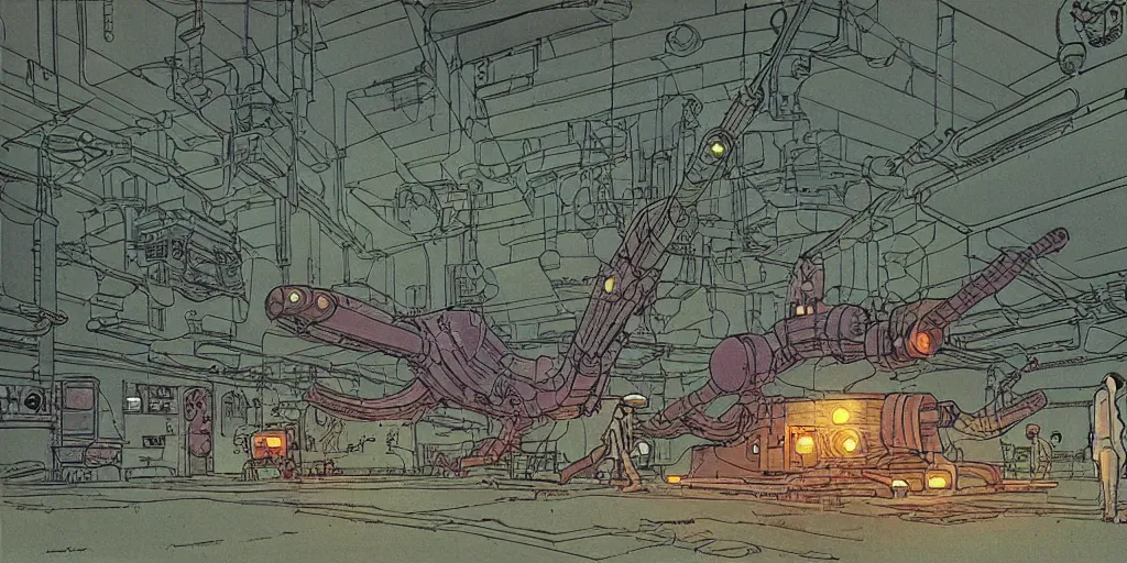 Prompt: underground scifi huge experimental tanks and bizarre creatures in it , mysterious laboratory, low ceiling, cables hanging from ceiling, thick cables on ground, ground perspective, huge computer screens, neons, top light , epic scene, illustration, art by ghibli moebius, comics art