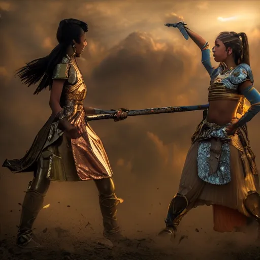 Image similar to 8k photo of a battle of 2 warrior princesses in year 2100. Nikon, sharp, beautiful light