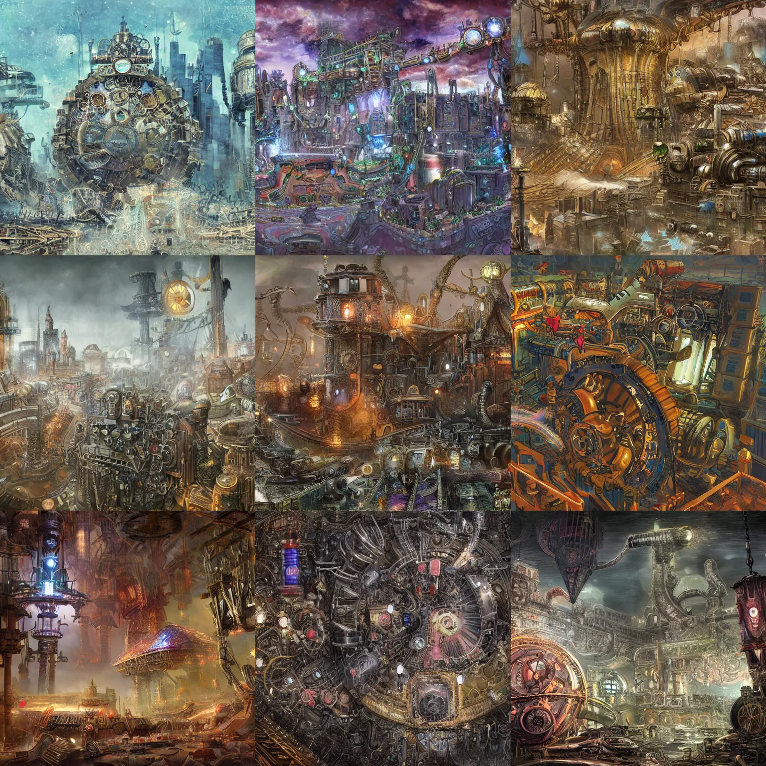 Prompt: enormous city-sized complicated steampunk machinery, psychedelic art, lovecraftian, epic, 4k, concept art, detailed