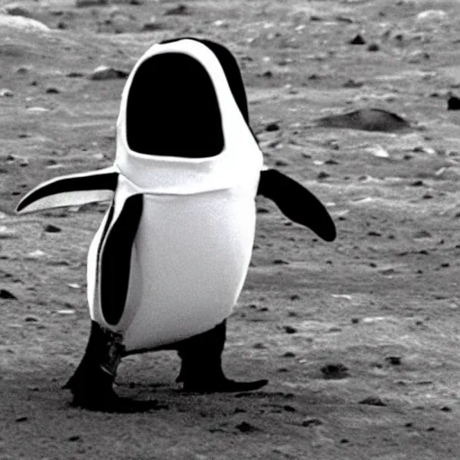 Prompt: A penguin wearing a space helmet. The apollo lunar lander on the lunar surface next to it. CCTV footage.