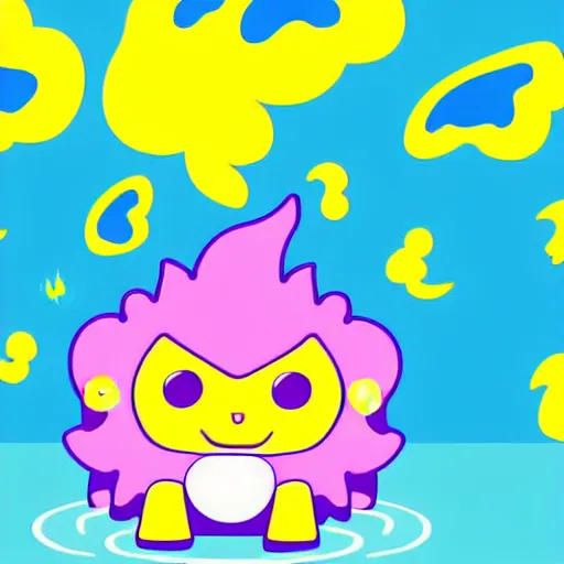 Image similar to kawaii wacky fluffy popcorn with lightning bolt power, yokai, in the style of a mamashiba, with a yellow beak, with a toroidal energy field, with a smiling face and flames for hair, sitting on a lotus flower, white background, simple, clean composition, symmetrical, suitable for use as a logo