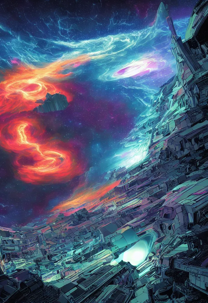 a cosmic storm in space by dan mumford and makoto | Stable Diffusion ...