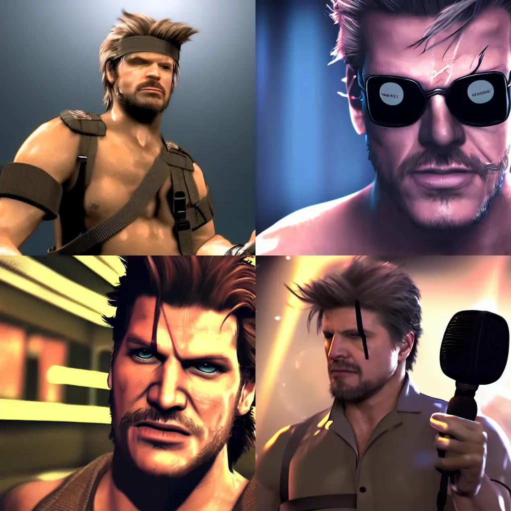 Prompt: Solid Snake singing drunk karaoke, cinematic, 4k, dancing, karaoke, disco