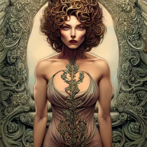 Image similar to a beautiful detailed front view portrait of a woman with ornate growing around, ornamentation, sculpture, elegant, luxury, beautifully lit, artgerm, joshua middleton comic cover art,