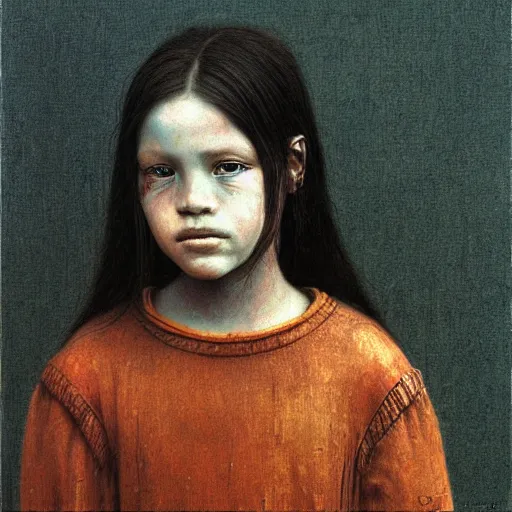 Prompt: portrait of 10 years old girl, painting by Beksinski