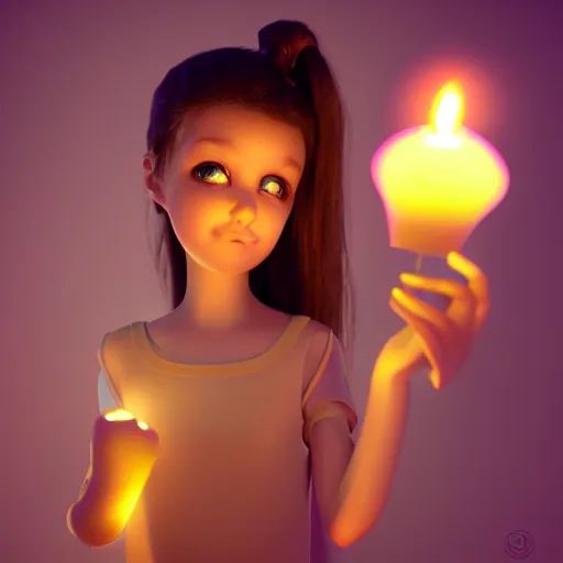 Image similar to A cute girl holding a glowing candle, fragile, soft, vray, octane render, trending on artstation, 3d character, game character