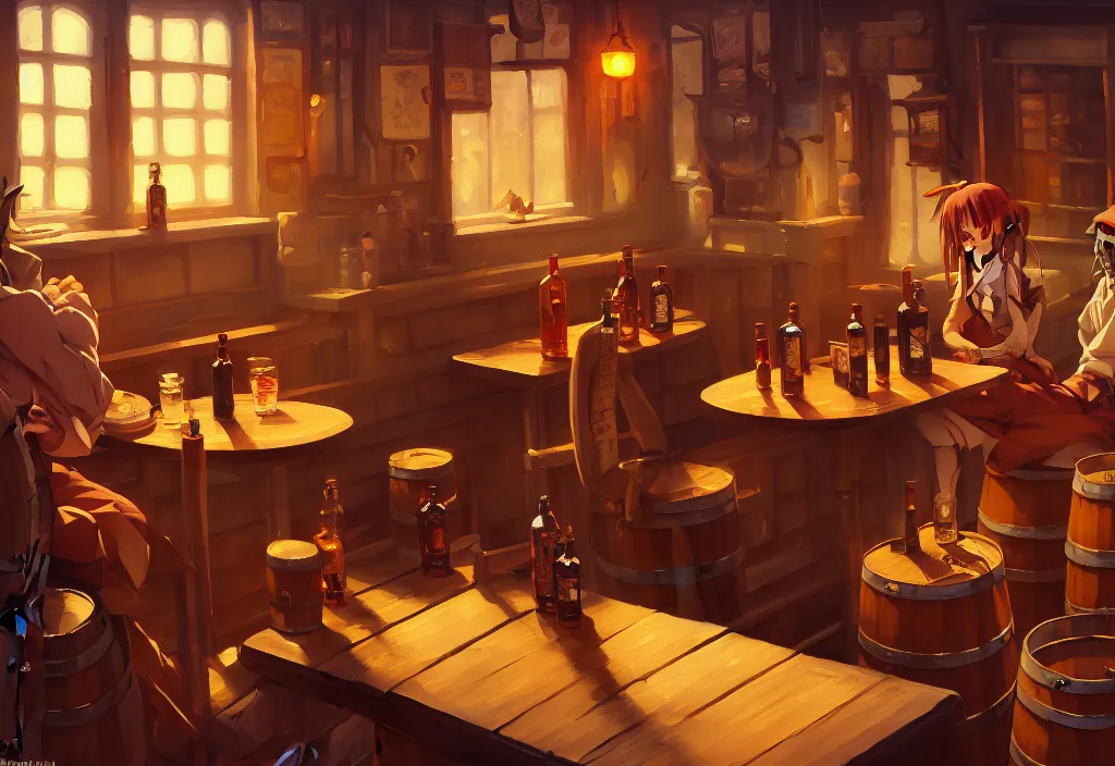 Image similar to small saloon interior with barrels tables and bottles, intricate oil painting, high detail illustration, sharp high detail, manga and anime 1 9 9 9, official fanart behance hd artstation by jesper ejsing and makoto shinkai, 4 k,