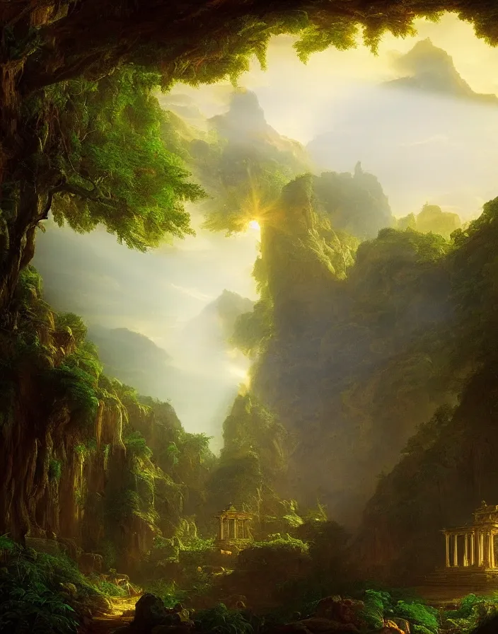 Prompt: an ancient temple lost in a gigantic forest by thomas cole, painting, cinematography, epic lighting, volumetric, fog, god rays