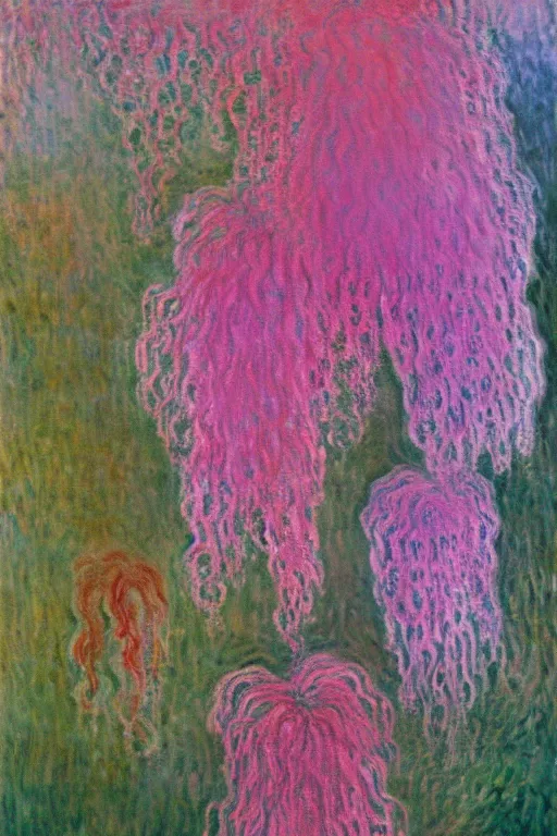 Prompt: a cluster of pink dripping clematis liquefying dripping with pink paint by claude monet by salvador dali, oil on canvas