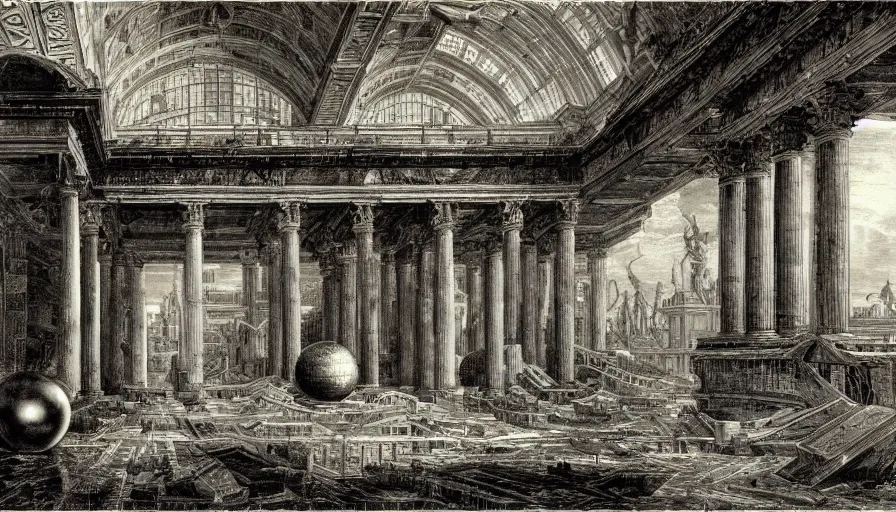 Image similar to a esoteric building flooded with spheres, by piranesi, high quality, high detailed