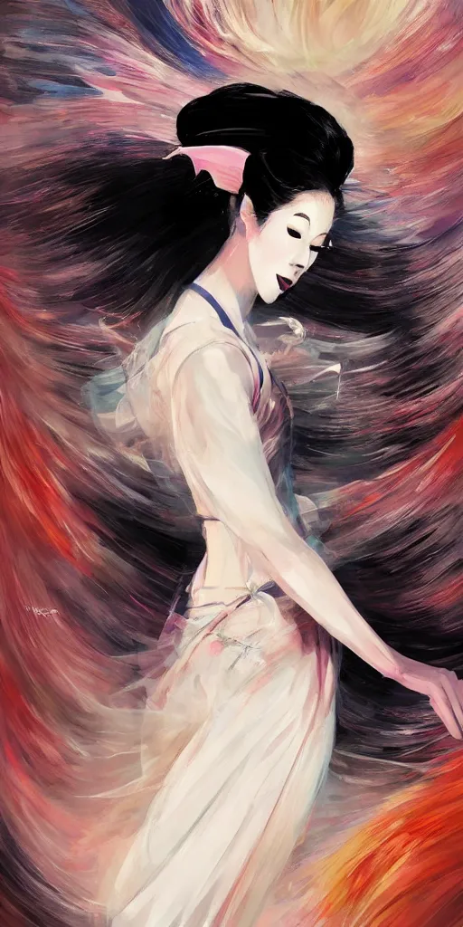 Image similar to full body geisha prima ballerina dancing in the wind, beautiful, ethereal, gorgeous, volumetric lighting, elegant, fluid, highly detailed oil painting, digital painting, concept art, smooth, sharp focus, illustration, strong lines and bold colors, limited color palette, atmosphere and tension, Japanese,manga, trending on artstation