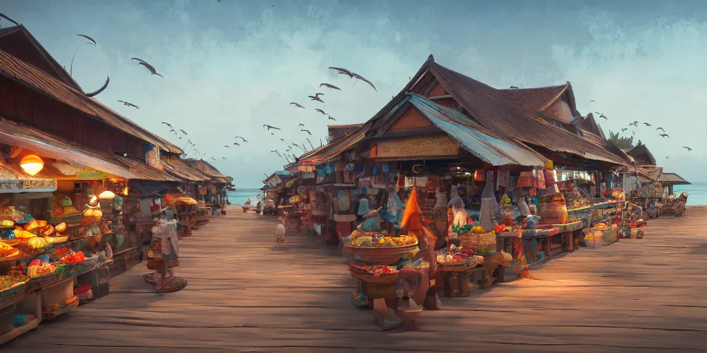 Prompt: shops at pulau indah fishing village by the sea, early morning, detailed matte painting, low angle view, telephoto lens, bokeh, studio ghibli, artstation