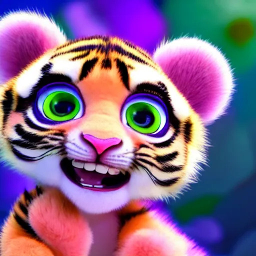 Image similar to a cute baby tiger cub, big eyes, soft fur texture, pastel colours, colorful, glitter crystals, cute, pixar animation style, detailed, soft light, octane render, 4 kb - w 6 4 0