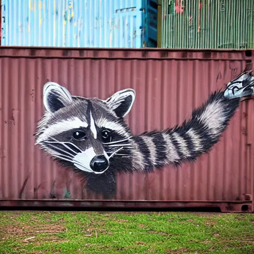 Image similar to raccoon graffiti on rusty green shipping container,