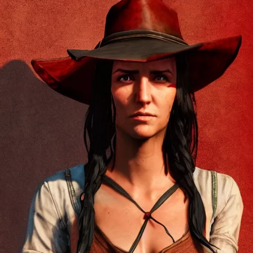 Prompt: tan woman with long dark hair and dark eyes in Red Dead Redemption 2, hyper detailed, concept art, 8k, artstation, cgsociety