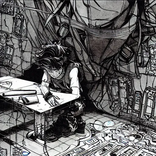 Image similar to frightened child, hiding under a table, concept art, intricate line drawings, pen and ink poster, in the style of yoji shinkawa, moebius comic, marc simonetti, miura