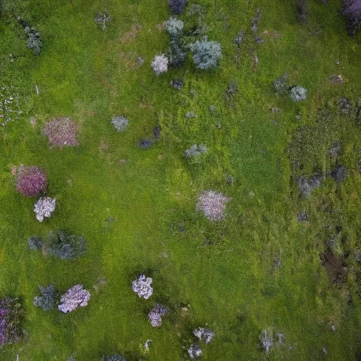 Prompt: a beautiful meadow in the middle of the coal district, aerial view,