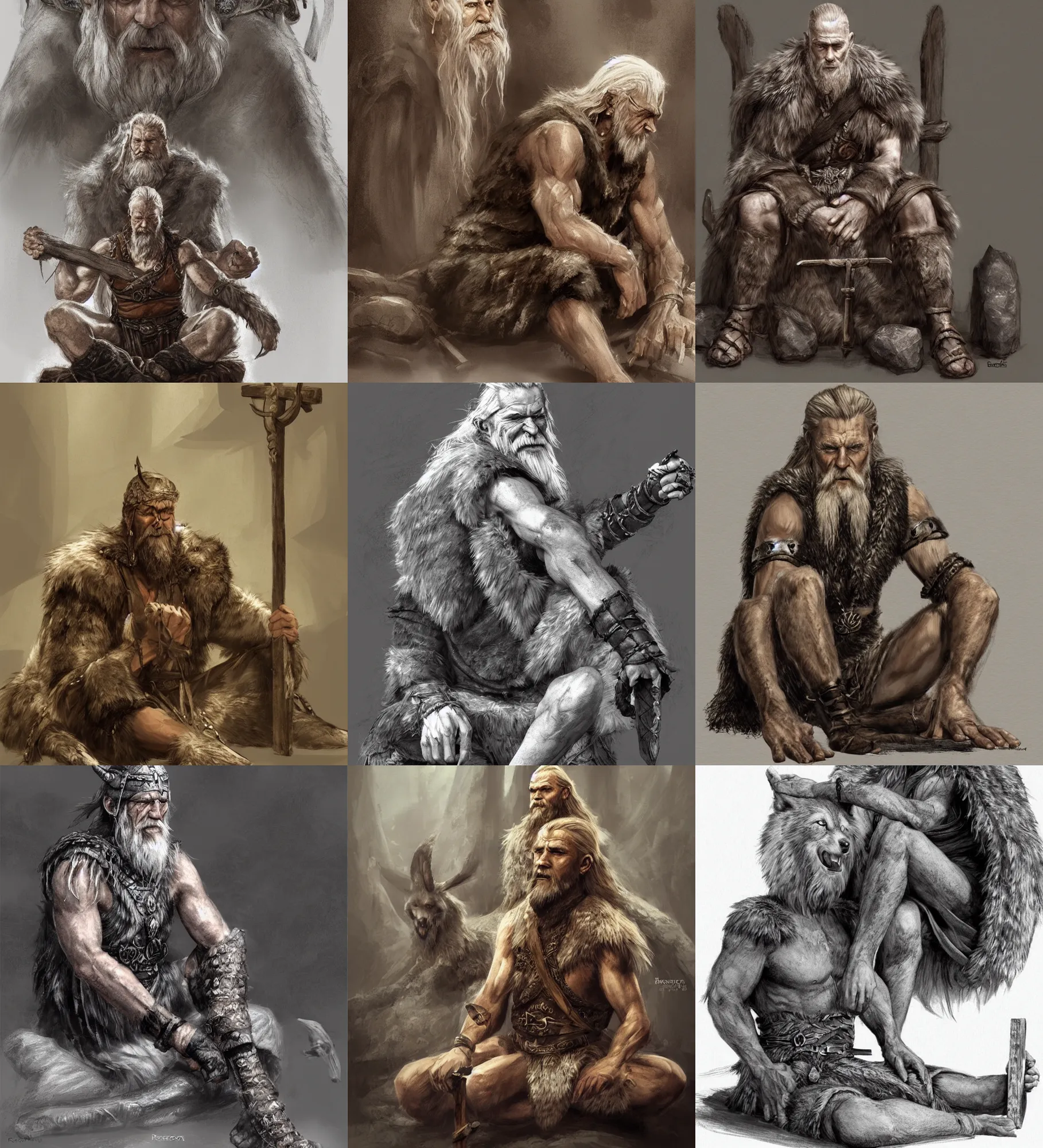 Prompt: digital concept art of a scrawny elderly norse viking ascetic mystic dressed in a wolfskin and sitting cross - legged by henrik rosenborg, paul bonner, highly detailed, concept art, digital art, artstation hd