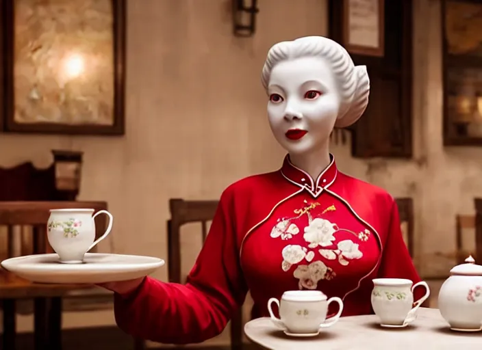 Prompt: movie still of a beautiful woman made out of porcelain sitting at a table in a cafe, wearing a red cheongsam, smooth white skin, creepy, single tea cup in foreground, directed by Guillermo Del Toro