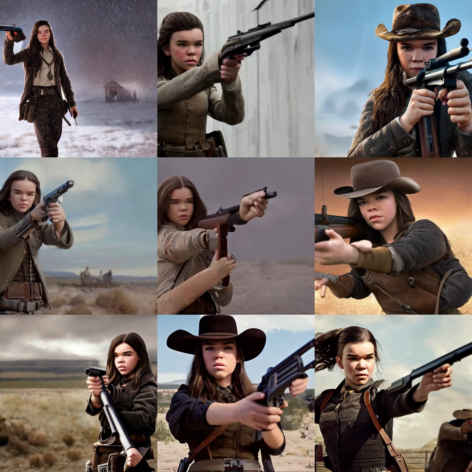 Prompt: hailee steinfeld pointing a shotgun at the camera, a character portrait by harriet powers, cgsociety, american realism, movie still, colorized, photo, true grit