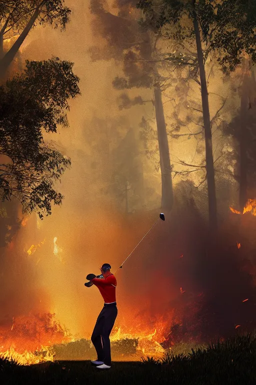Prompt: close-up of an athletic golf player in a lush golf course with automatic watering, low angle, magical lights, golden hour, surrounded by burning forests, smoke from the fire, digital painting, cinematic, 4k, forest ray light, particles light, by sasha kalinkin, Noah Bradley, ilya kuvshinov,