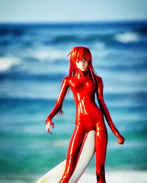 Image similar to dreamy tiktok iPhone photo of beautiful Asuka Langley from evangelion as a surfer in Florida, 35mm, cinematic, trending on Instagram, Asuka as a surfer model, 8k, 4k