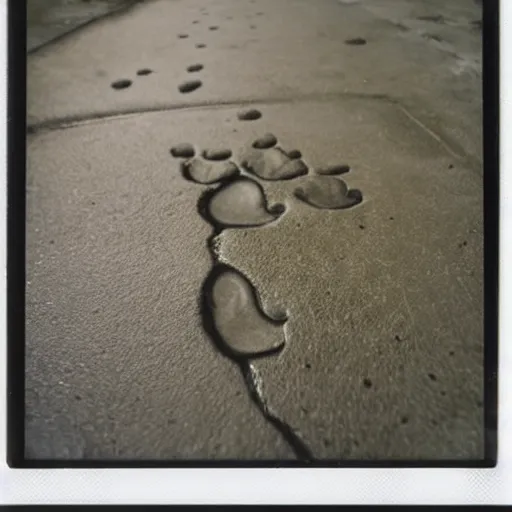 Prompt: paw prints in wet concrete, polaroid photo,