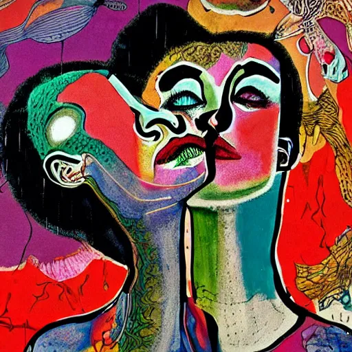 Prompt: beautiful painting of two bizarre psychedelic women kissing each other closeup in an aquarium, speculative evolution, mixed media collage by basquiat and junji ito, magazine collage art, paper collage art, sapphic art, lesbian art