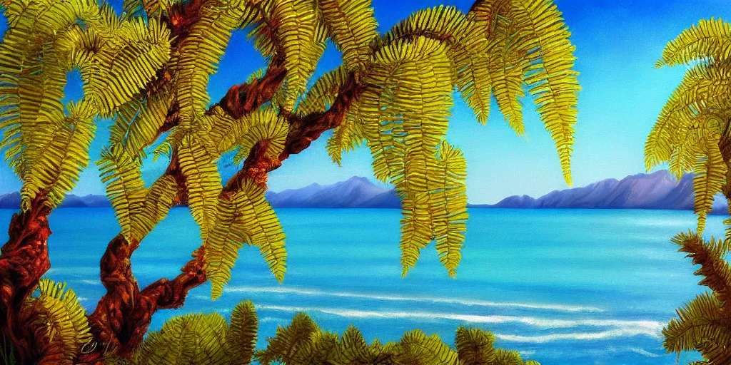 Image similar to golden bay new zealand, abel tasman, native NZ bush ferns, colorful oil painting, trending on artstation