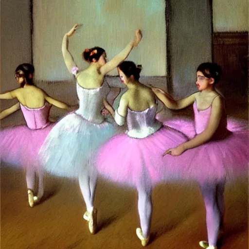 Image similar to ballerinas dancing , degas, trending on artstation, cgsociety