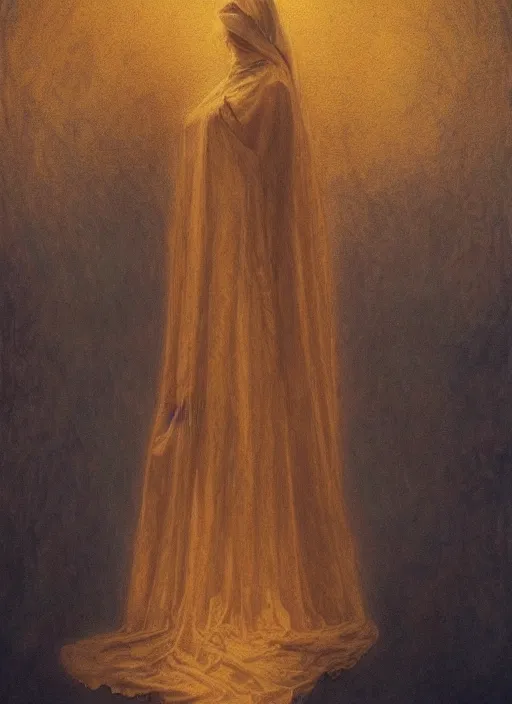 Image similar to a silhouette with a shroud wears a golden mask on her face, by jean delville and sophie anderson and mandy jurgens, golden ratio, perfect composition, elegant, no crop, extremely detailed, hd, masterpiece, artstation