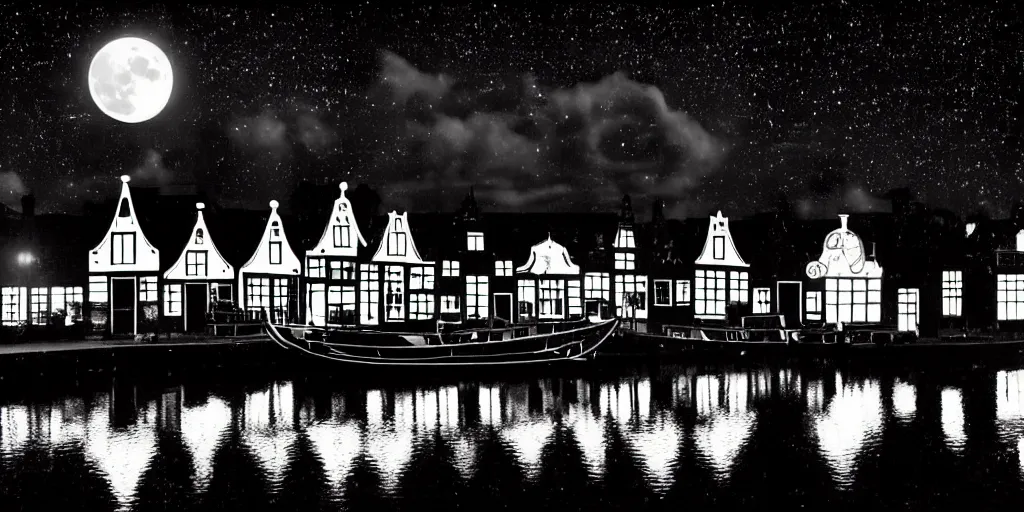 Image similar to Dutch houses along a river, silhouette!!!, Circular white full moon, black sky with stars, lit windows, stars in the sky, b&w!, Reflections on the river, a man is punting, flat!!, Front profile!!!!, high contrast, HDR, concept art, street lanterns, 1904, Style of Frank Weston, illustration