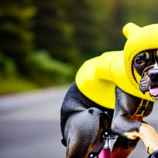 Prompt: a dog with a yellow hat riding a bike