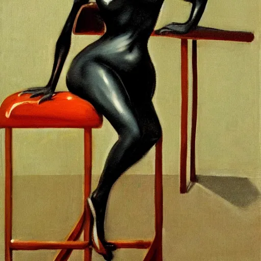 Image similar to artstation a woman seductively posing on a stool, by francis bacon, very detailed, , portrait, high contrast