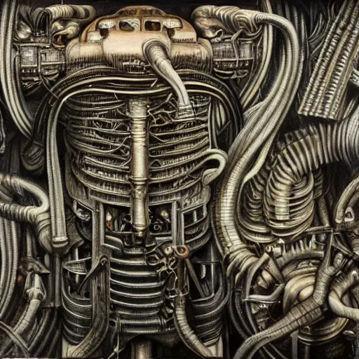 Image similar to infinitely detailed HR Giger painting of machinery, intricate details, high resolution, fine details, 4k