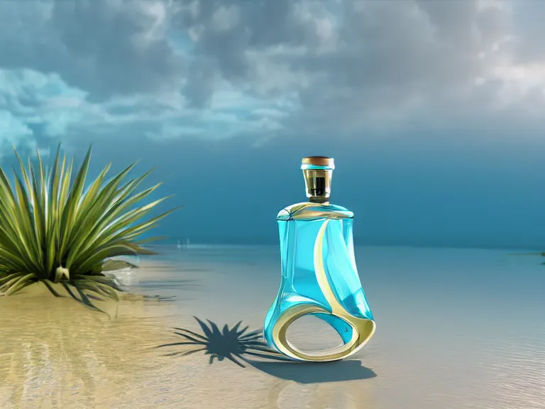 Image similar to perfume bottle standing in a desert oasis in deep blue pond water surrounded by tropical flora by zaha hadid ; octane highly render, 4 k, ultra hd, 2 0 0 mm, mute dramatic colours, soft blur outdoor stormy sea background, volumetric lighting