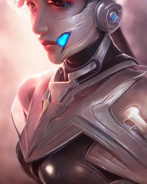 Image similar to detailed portrait of perfect android girl, warframe armor, beautiful face, scifi, futuristic, space station, laboratory, song hye - kyo, dreamy, long white hair, blue cyborg eyes, cinematic lighting, innocent, highly detailed, sharp focus, smooth, artstation, intricate, award winning, pure aura, divine, by akihiko yoshida