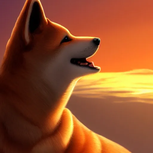 Prompt: The profile of a Shiba Inu shining golden in the setting sun, illustration, trending on artstation, photoreallrstic