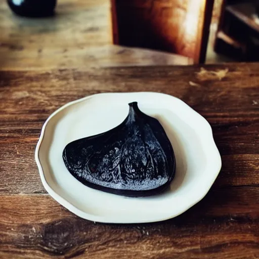 Image similar to photo of a delicious black banana on a plate on the table of a rustic farmhouse in cornwall