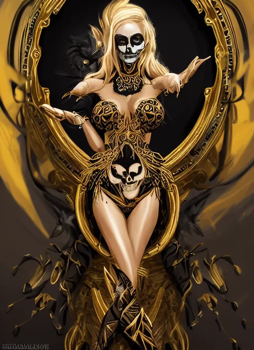 Image similar to a highly detailed illustration of fierce blonde tanned skin goddess wearing black and gold skull dress, dramatic powerful pose, perfect face, perfect body, intricate, elegant, highly detailed, centered, digital painting, artstation, concept art, smooth, sharp focus, league of legends concept art, wlop