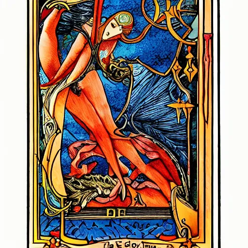 Image similar to Arcane Tarot, frame intricated, vivid colors, detailed decorative flourishes, symmetrical centered